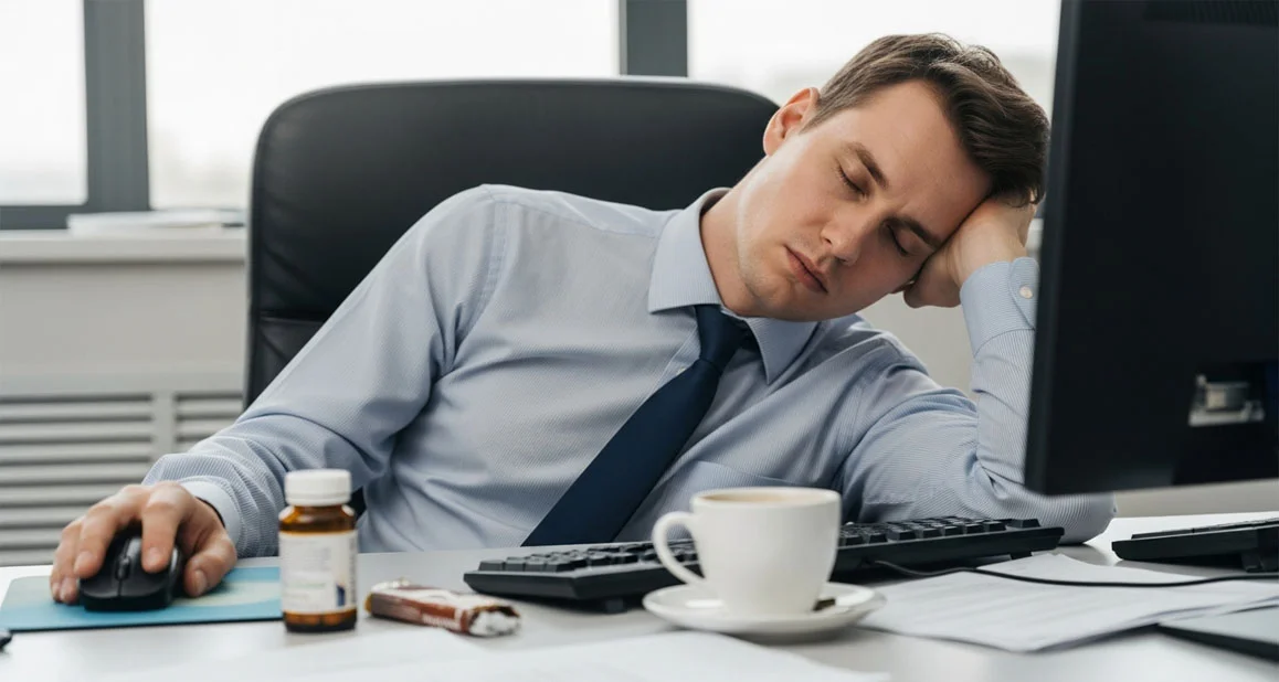Мужчина уснул в кресле на работе